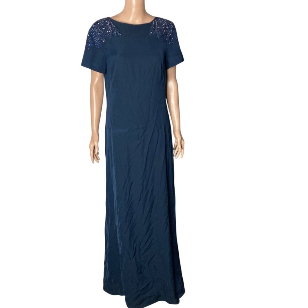 Tadashi Shoji Formal Maxi Dress Womens Size 12 Beaded Shoulders Navy Blue